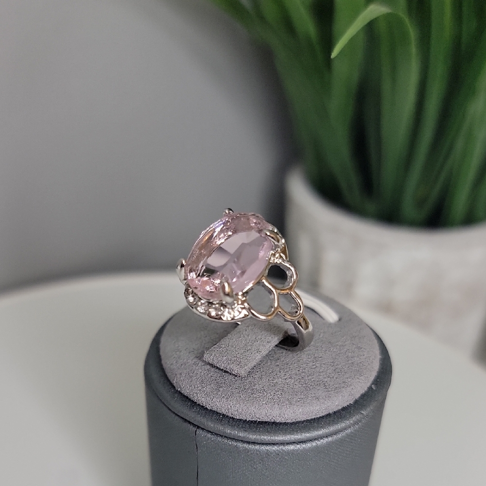 Romantic Pink and Silver Halo Ring Size 7.5